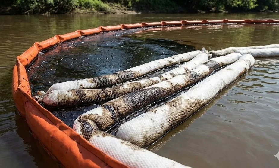 Barreras absorbentes trabajando dentro de una barrera de contención