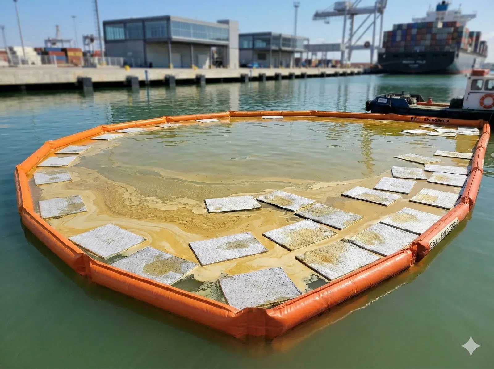 Paños absorbentes flotando sobre un derrame contenido